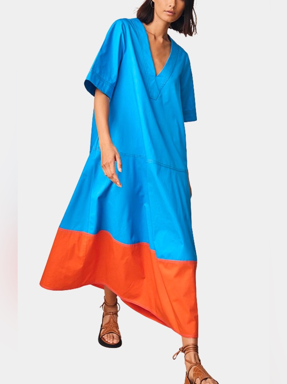 Hunter Blue and Orange V-Neck Colorblock Midi Dress